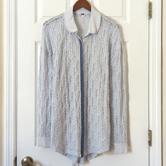 Free People Must Have Floral Lace Long Sleeve Button Down Tie Back Tunic Blue M - Picture 1 of 16